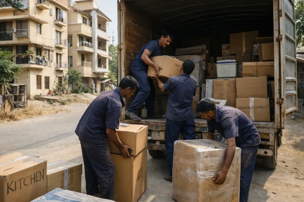 movers loading goods into truck in badlapur