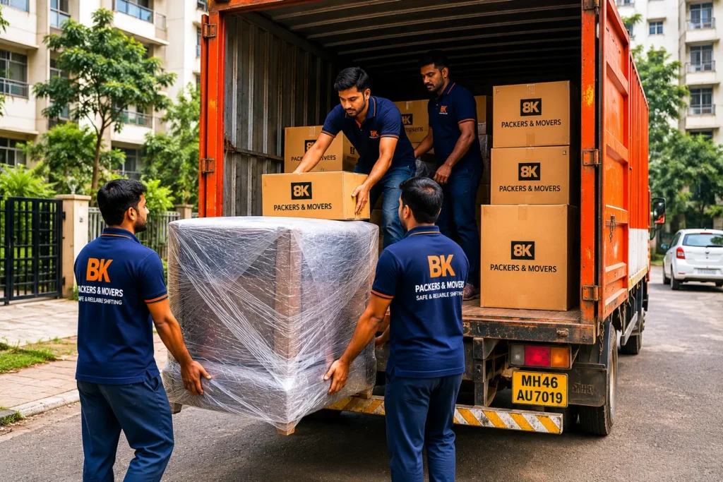 Professional packers and movers loading furniture and boxes into transport truck in Ghansoli