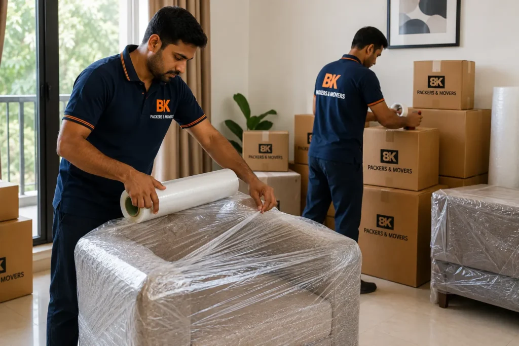 BK Packers and Movers team packing household furniture during home shifting service in Ghansoli