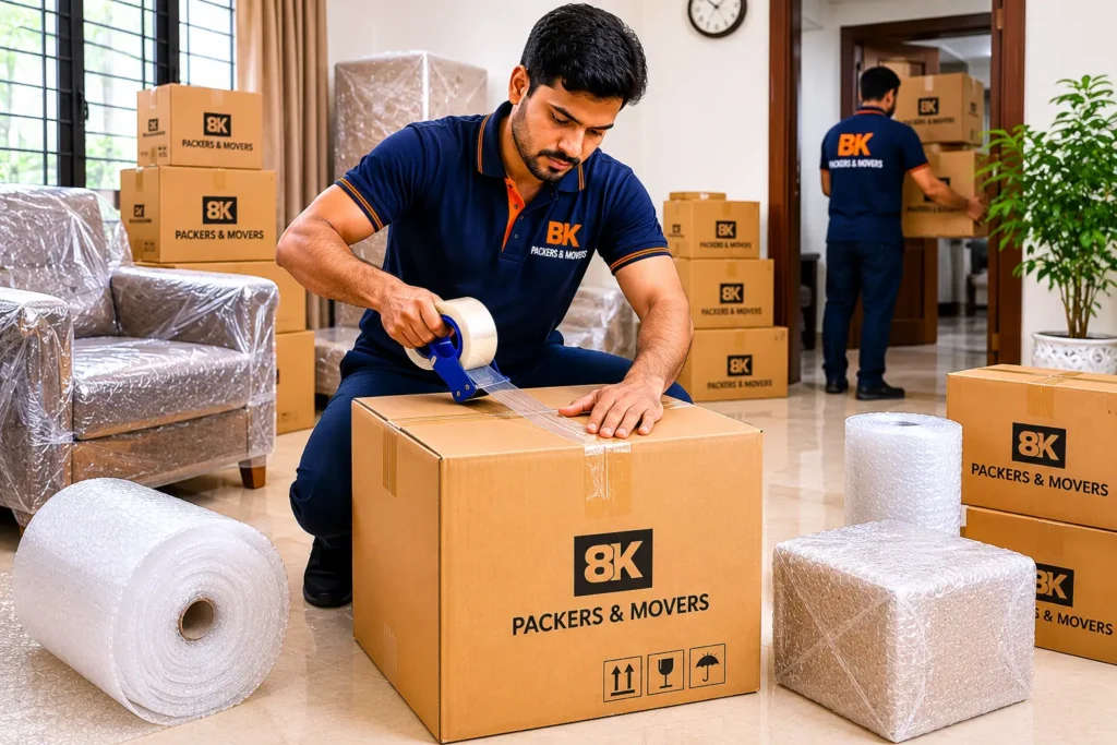 BK Packers and Movers staff using packing materials and boxes for safe relocation service in Ghansoli