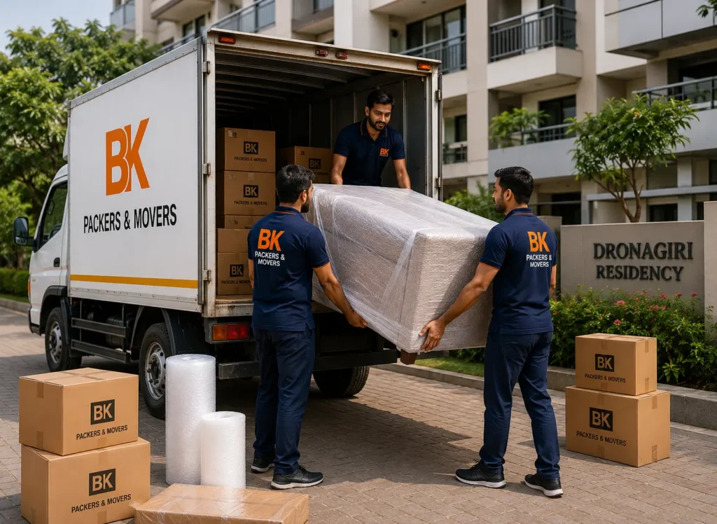 BK Packers and Movers team loading wrapped furniture and household goods into a moving truck during relocation service in Dronagiri