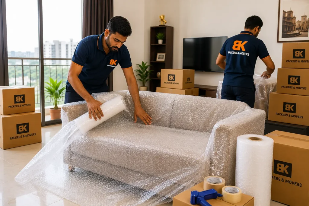 BK Packers and Movers team packing sofa and household furniture during home shifting service in Ambernath