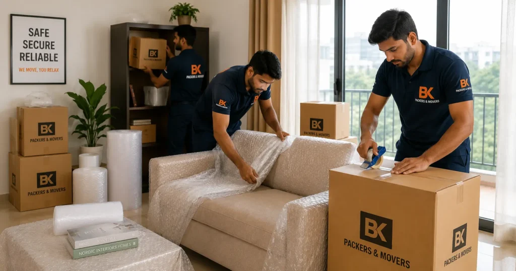 BK Packers and Movers team packing sofa, furniture, and household items during home shifting service in Dronagiri