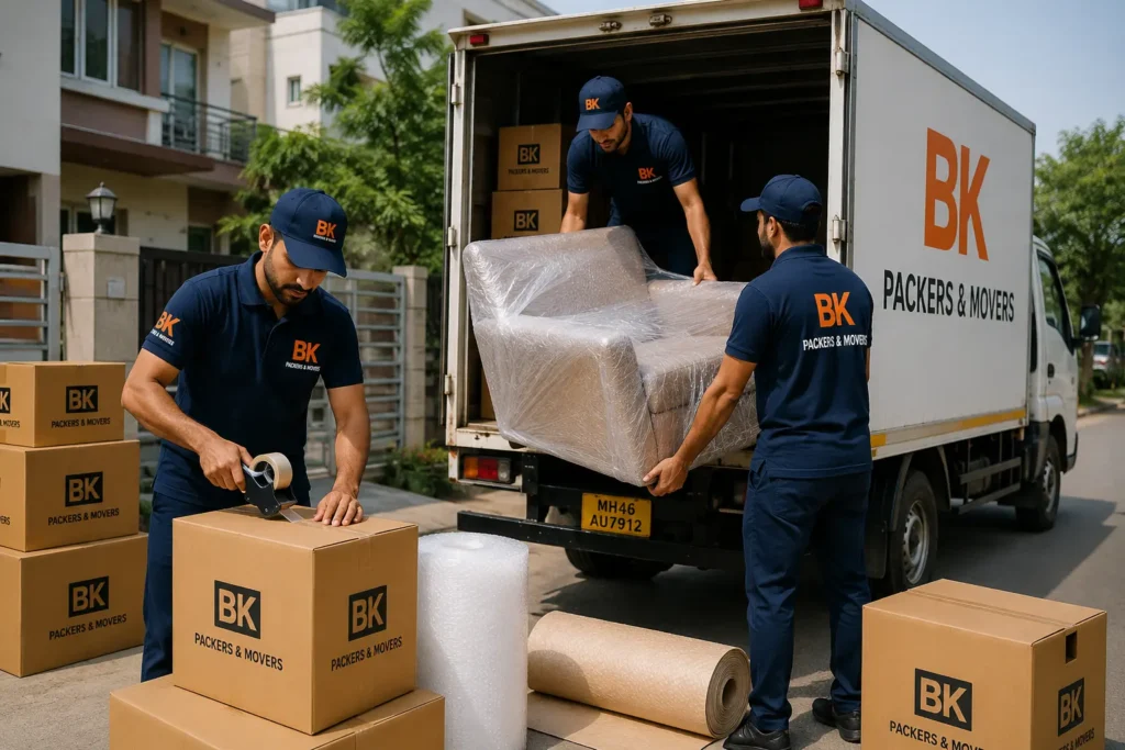 BK Packers and Movers team loading packed furniture and household goods into a moving truck during home shifting service in Rasayani