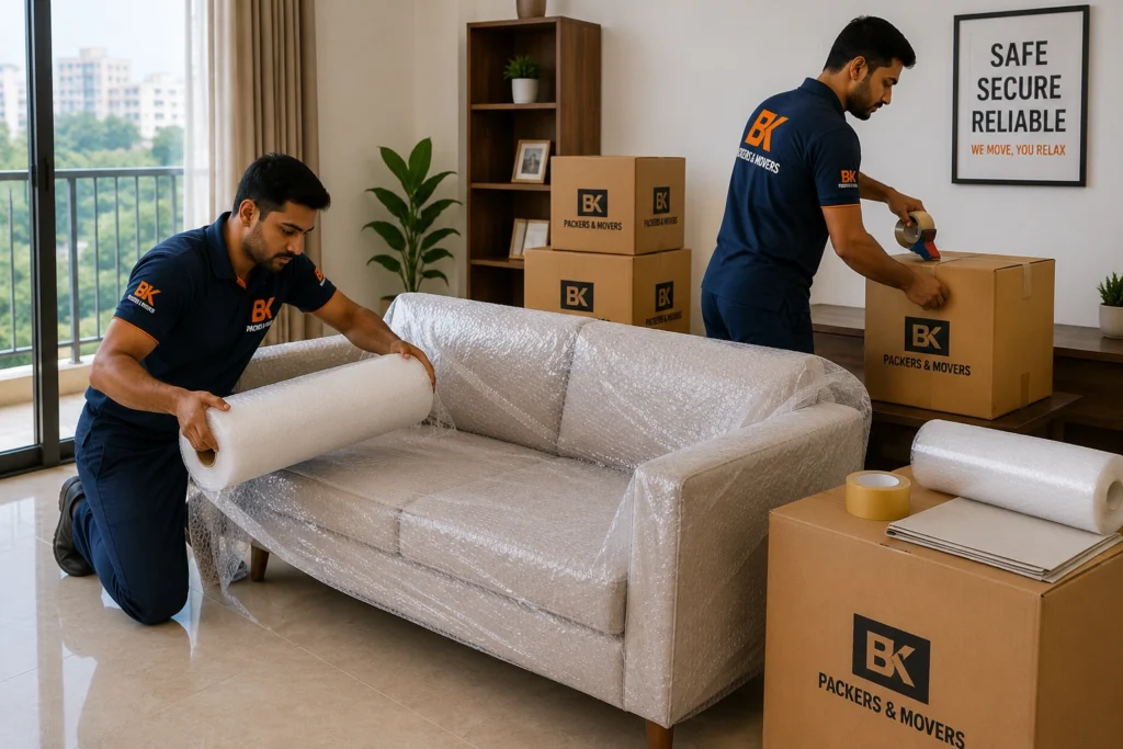 BK Packers and Movers team packing household furniture during home shifting service in Uran