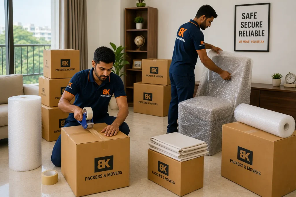 BK Packers and Movers staff using bubble wrap, cartons, and packing materials for safe household relocation in Ambernath