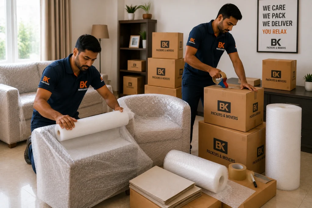 BK Packers and Movers staff using bubble wrap and cartons for safe household relocation in Uran