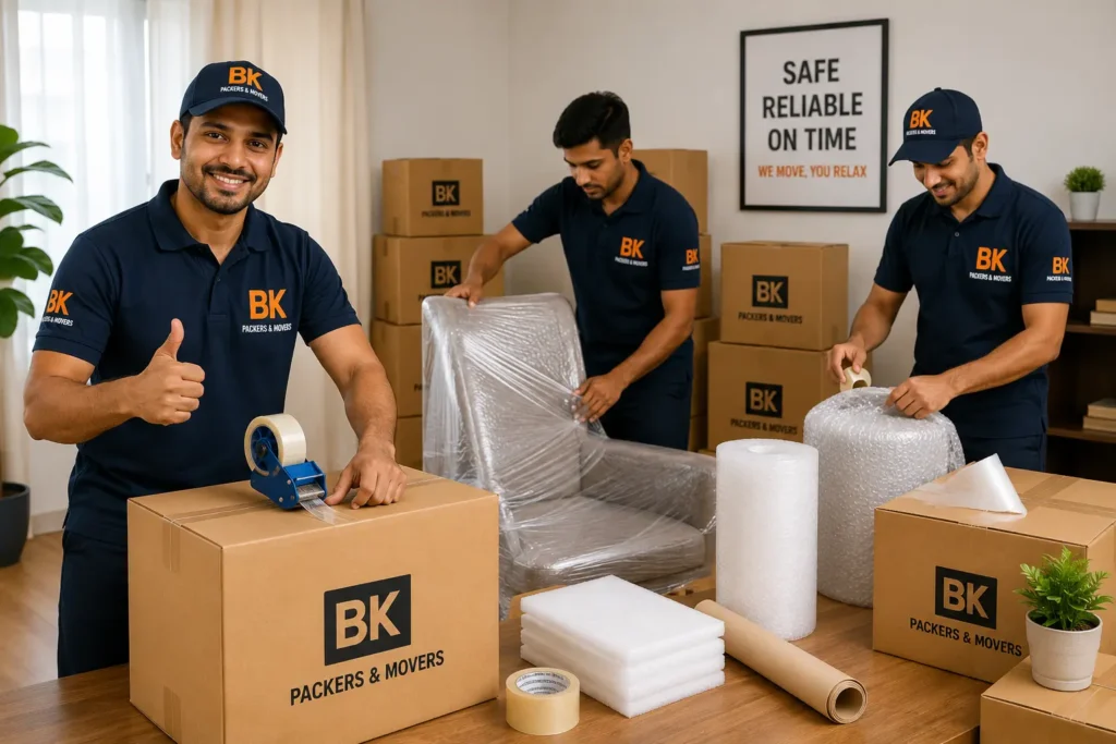 BK Packers and Movers team using quality packing materials and professional moving techniques for safe relocation services in Dronagiri