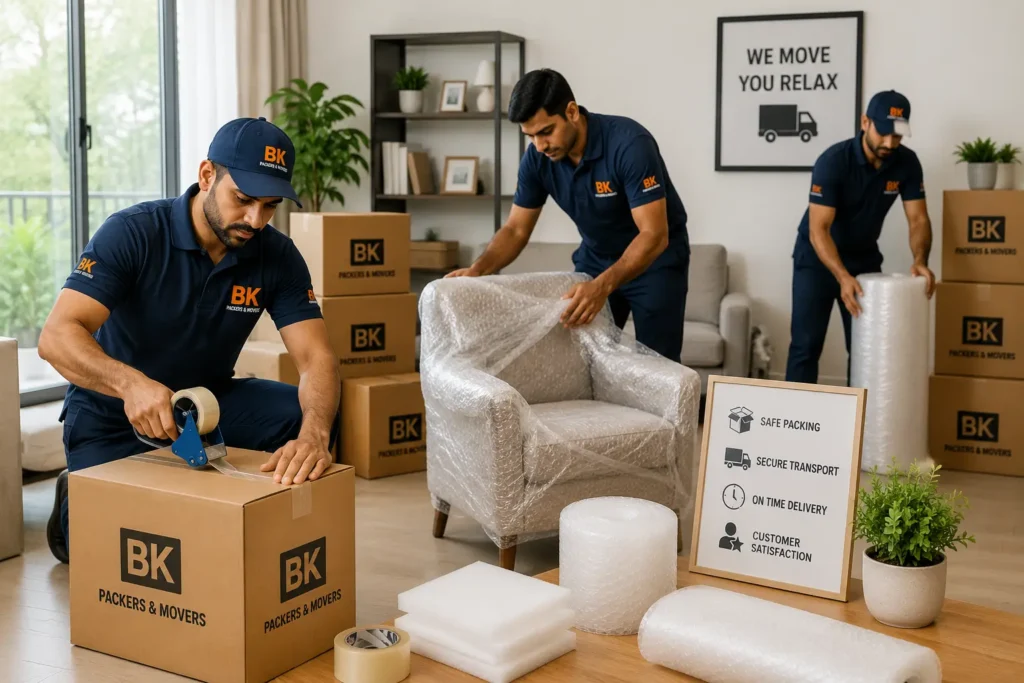 BK Packers and Movers team using bubble wrap, cartons, and professional packing materials for safe household relocation services in Rasayani