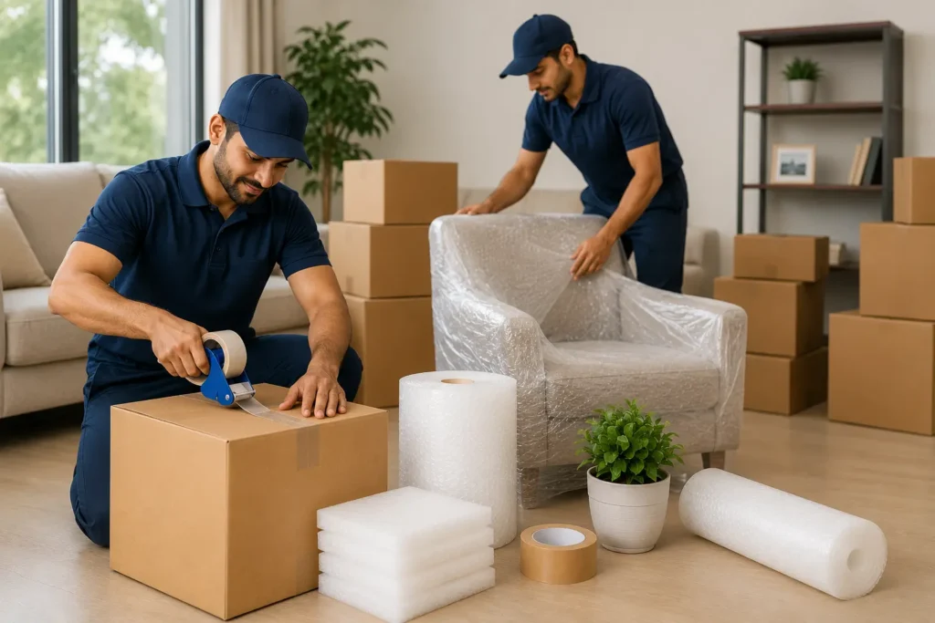 Professional movers using quality packing materials and protective wrapping for safe household relocation services in Rasayani