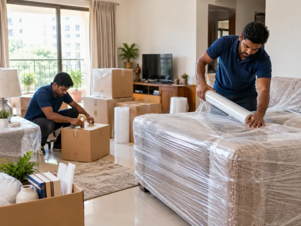 Professional movers packing household furniture and boxes for home shifting services