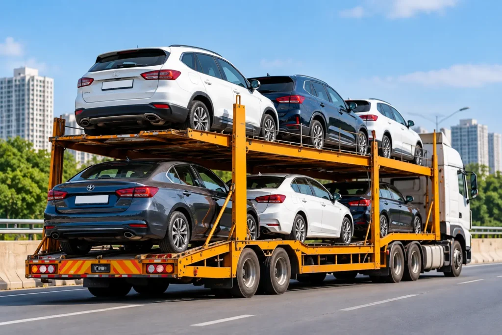 Car carrier truck transporting multiple vehicles for car transportation services in Mumbai