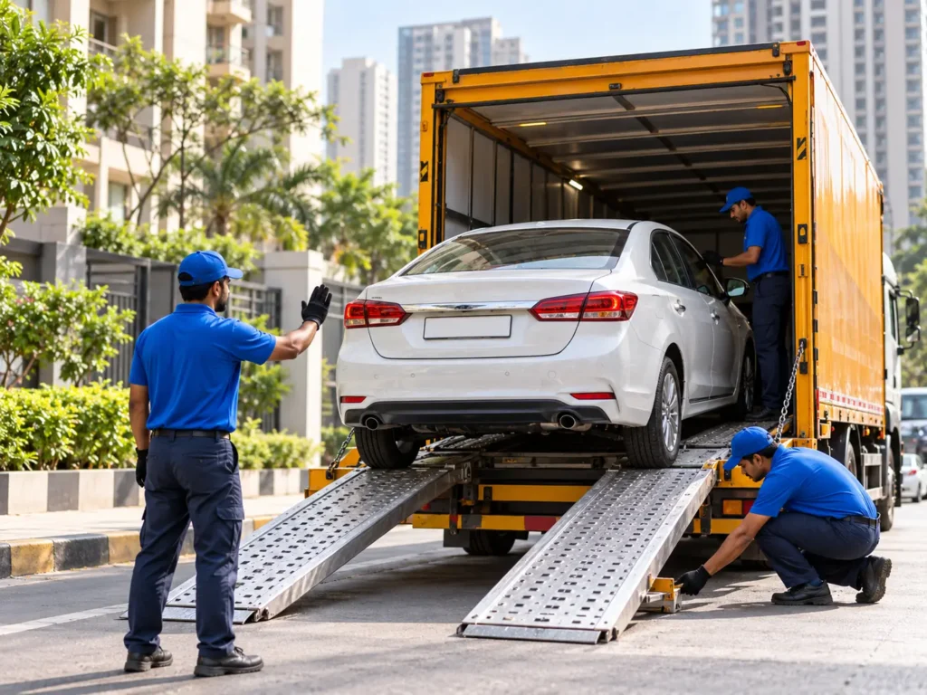 Professional movers loading a car into a transport truck for vehicle transportation