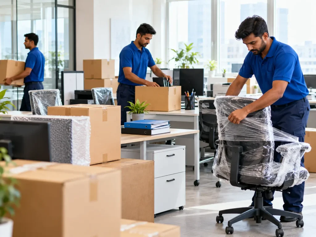 Professional movers packing office furniture, computers and equipment for office shifting